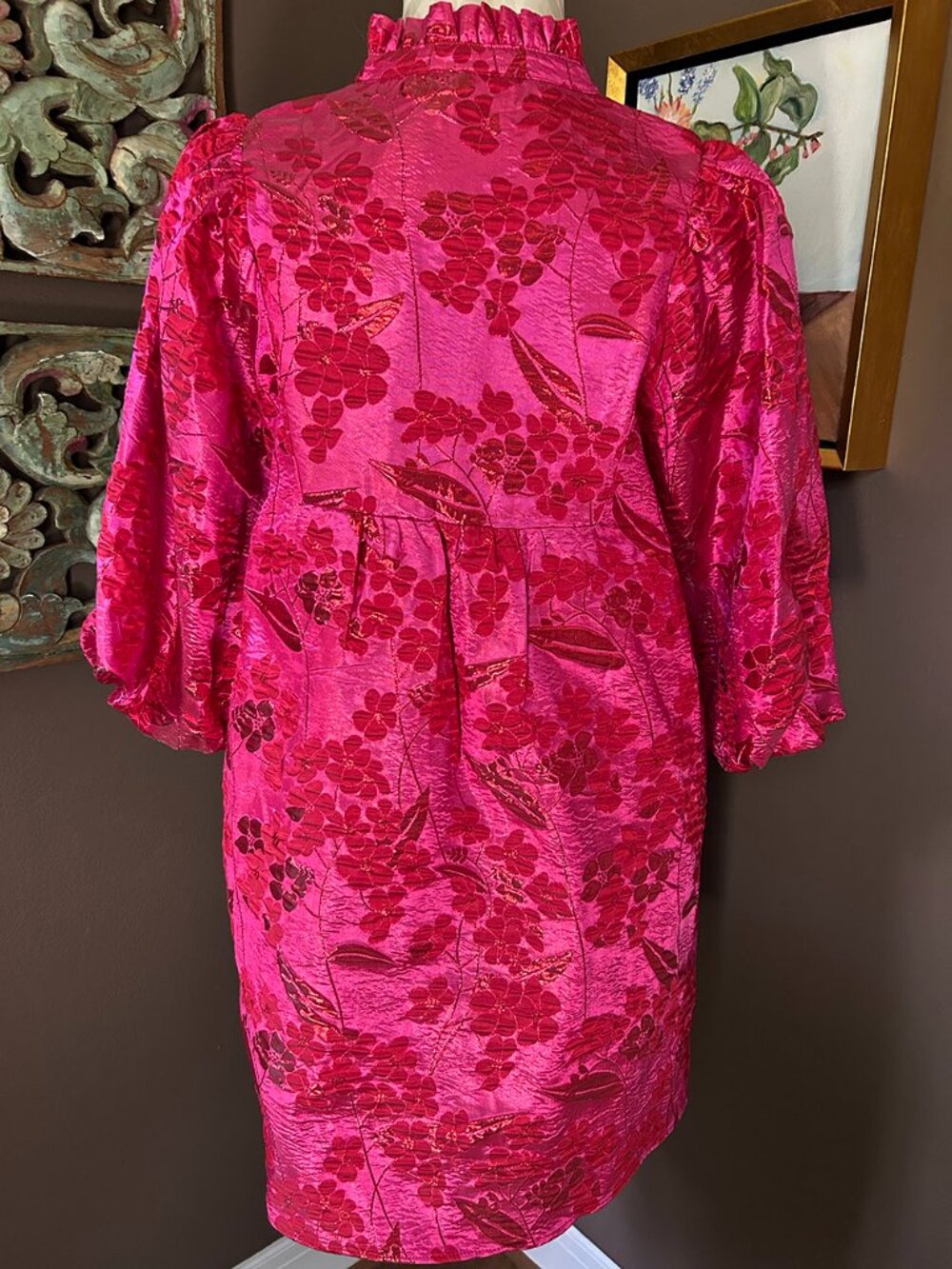 JODIFL Hot Pink & Red Brocade Puff-Sleeve Floral Dress - NWT XL - Picture 2 of 10